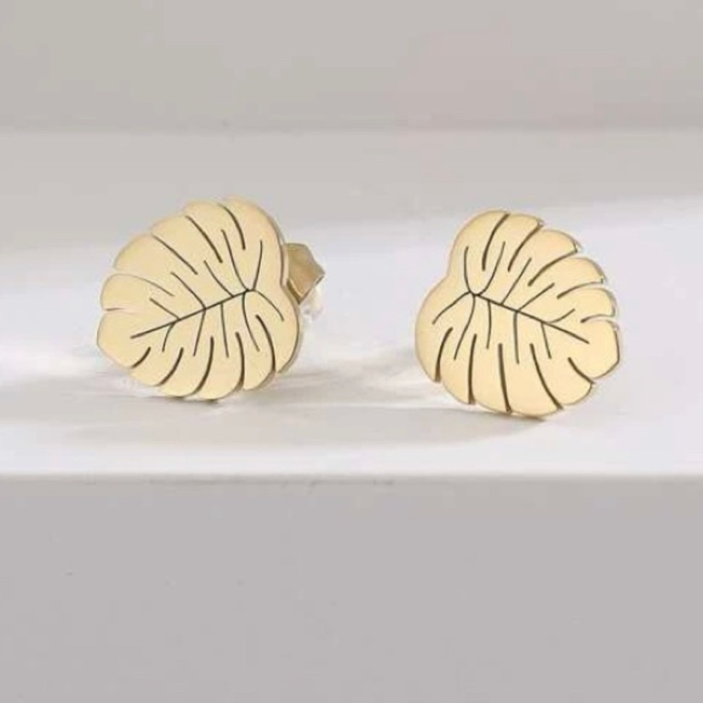 Gold Plated Leaf-Inspired Stud Earrings with Textured Detailing